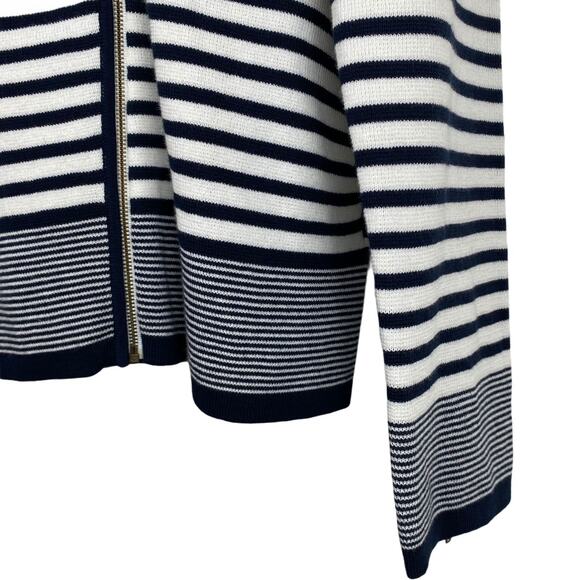 FOXCROFT Cardigan L 100% Cotton Navy White Striped Zip Front Coastal Beachy - Picture 5 of 11